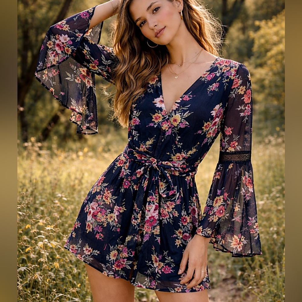 EUC Arc & Co black floral romper with flared sleeves, sz M